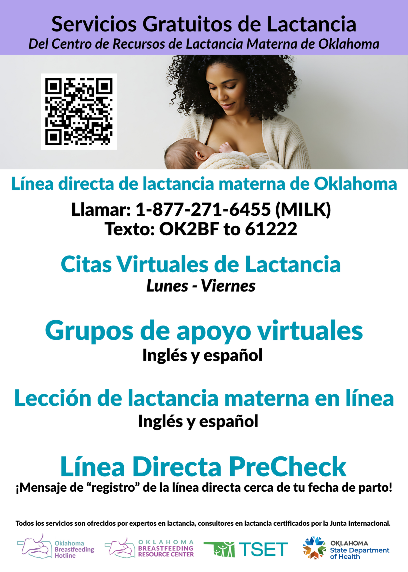 Image in Spanish of a list of free breastfeeding services provided by OBRC with a QR code and a photo of a mom breastfeeding a baby.